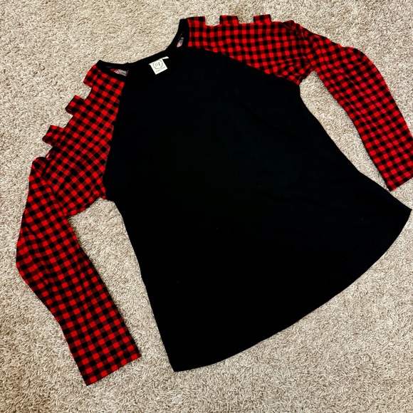 Women’s “CHECKED ALL THE BOXES TOP” Black & Red Checkered Long Sleeve Tee Size L - Picture 11 of 17